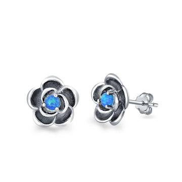 Flower Stud Earrings Lab Created Blue Opal 925 Sterling Silver (10mm)